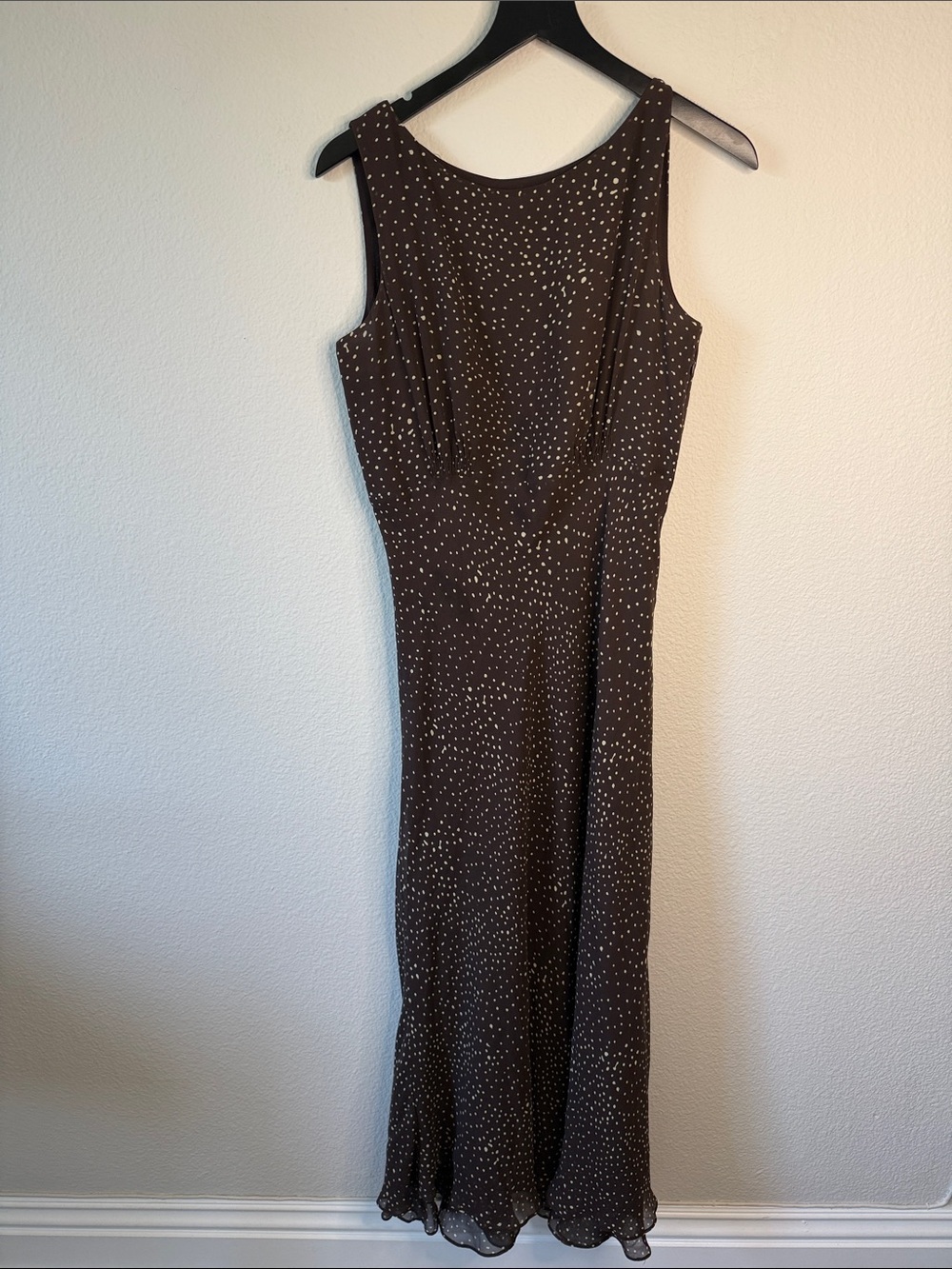 100% Silk Sleeveless Brown Vintage 90's Polka Dot Maxi Dress Size 10